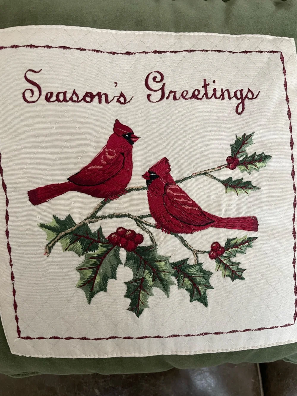 Green Velvet Green “Season’s Greeting”  Cardinal Holiday Throw Pillow 12”X12”
